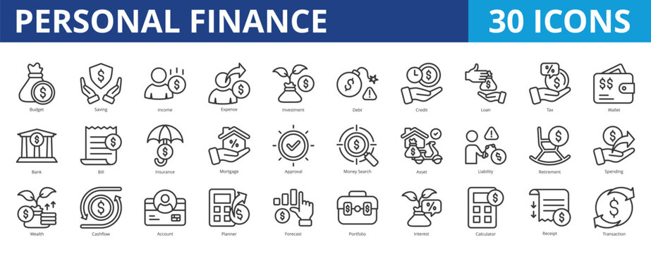 Personal finance icon pack collection set for wealth management and retirement plan. With budget, saving, income, expense, investment, insurance, earning, financial planning, forecast, asset, money