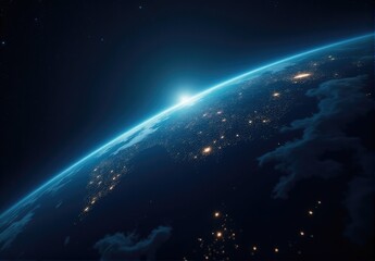 Fototapeta premium Earth rotating in space showing city lights at night with sunrise and some clouds