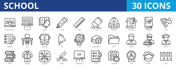 School icon pack collection set for learning and education. With virtual classroom, student, teacher, diploma, library, mentoring, teaching, coaching, study, literature, knowledge, scholarship, exam