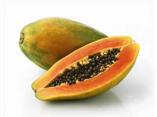 Half cut and whole papaya fruits on white background