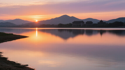 Fototapeta premium sunset over lake
