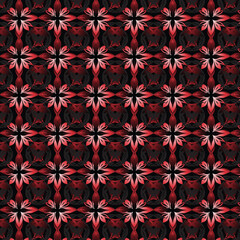 Fototapeta premium Red Floral Pattern on Black Background with Repeating Cross Shapes Design