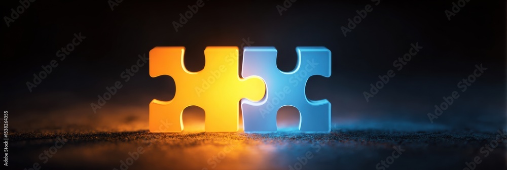 Fototapete Glowing Puzzle Pieces Connected in a Dark Space Symbolize Unity and Problem-Solving Effectiveness
