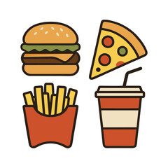 "Modern flat vector icon set representing fast food items. Includes icons of burgers, fries, pizza, cold drinks, hotdogs, and sandwiches in a clean and colorful design. Perfect for restaurant menus, f
