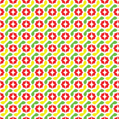 Abstract Pattern with Red Flowers and Green and Yellow L Shapes on White