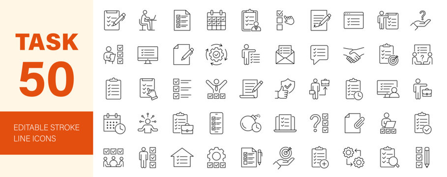 Task icon set. Containing checklist, project, to-do list, job, workflow, clipboard, multitasking, assignment, business planning and more. Editable line icons. Vector illustration.	