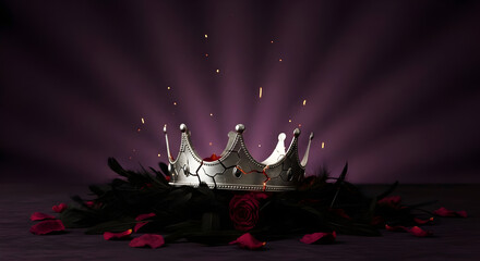 Naklejka premium Cracked Silver Crown on Black Feathers and Red Roses; Dramatic Royalty Concept