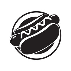 Hot dog vector silhouette illustration with sausage in a bun and mustard on top