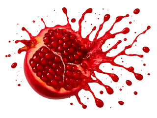 Half of a pomegranate exploding in mid-air with ruby-red juice and seeds flying outward, captured mid-splash, isolated on transparent background with high-speed detail and vivid lighting