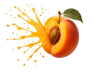 Ripe apricot bursting open with golden-orange juice spraying outward from the core, captured mid-air in a natural juicy explosion, isolated on transparent background in photorealistic style 