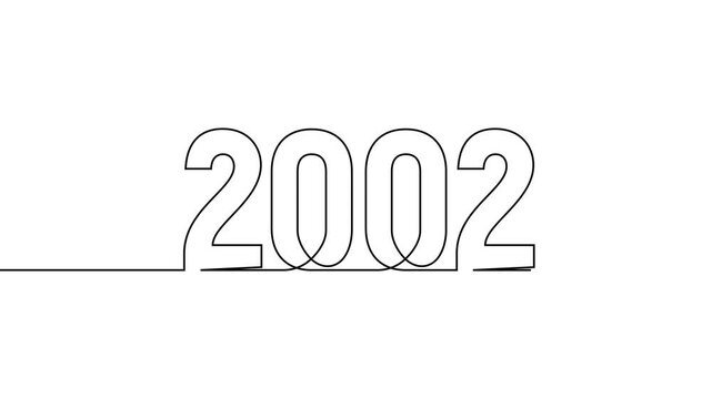 2002 new year continuous line art clip self drawing animation on white black background. single one line art written outline sketch illustration 2002 year numbers video