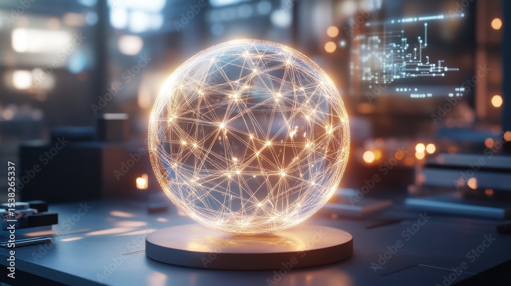 Poster Glowing sphere with internal network connections in office setting