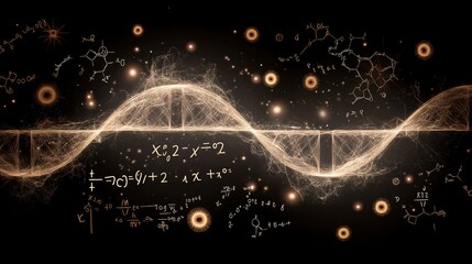 Glowing DNA strand forms a universal equation with floating life forms, symbolizing the unity of biological theory