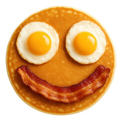 A pancake serves as the base for a smiling face, with two fried eggs as eyes and a strip of crispy bacon as the mouth.