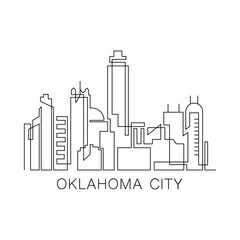Obraz premium Oklahoma City stroke, single art skyline. Continuous urban panorama silhouette outline, vector illustration of USA, Oklahoma state city with buildings, skyscrapers. Thin line icon, logo, card