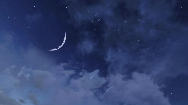 Dreamlike starry night sky with fantastic large half moon and falling stars meteor shower among fluffy cumulus clouds. Magic nighttime cloudy heaven natural background, 3D animation.