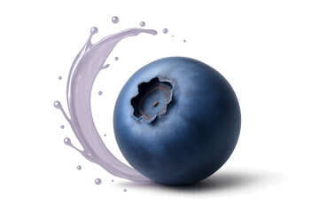 Single ripe blueberry with glossy surface surrounded by small droplets and deep blue juice splash swirling gently around the berry, minimal liquid on surface, isolated on transparent background