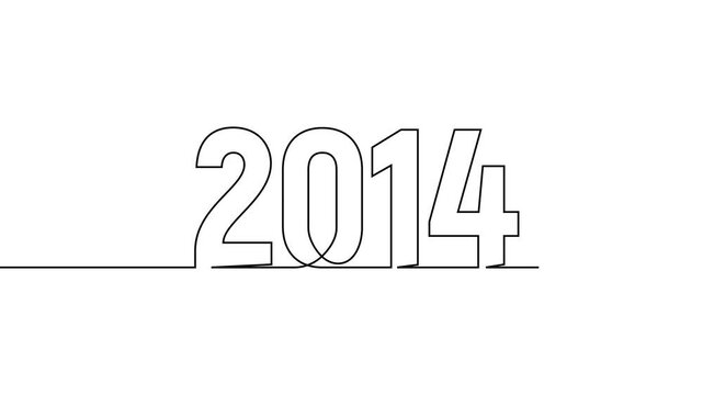 2014 new year continuous line art clip self drawing animation on white black background. single one line art written outline sketch illustration 2014 year numbers video