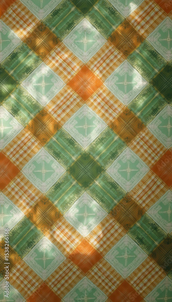 Aufkleber rustic tablecloth with diamond checks in sunny indoor setting
