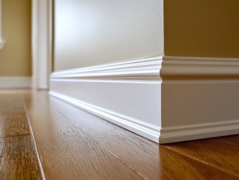 Close-up of a white baseboard trim at the corner of a room with light beige walls and hardwood floors