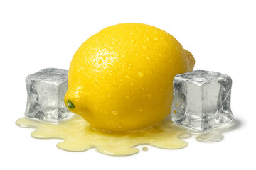 Shiny whole lemon in bright yellow partially surrounded by two melting ice cubes with light translucent splash of lemon juice around the base, condensation details, photorealistic render isolated 