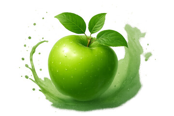Bright green glossy apple with stem and two fresh leaves, surrounded by dynamic arc of soft green splash and misty water spray, realistic shine and droplets, isolated on transparent background
