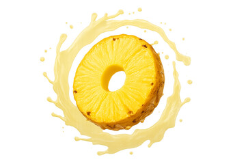Glossy pineapple ring slice with golden yellow fibrous flesh suspended mid-air, surrounded by soft semi-transparent pale yellow juice splash forming airy swirl, clean fresh composition, isolated