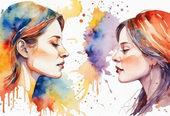 two women facing each other. Energy exchange. Watercolor illustration with pain splashes. Female faces profiles. Conflict resolution. Couple therapy.