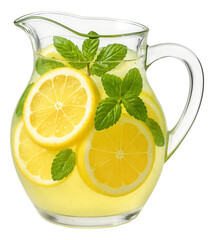 Fresh lemonade with lemon slices and mint leaves in a transparent glass pitcher.