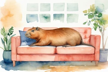 capybara on a couch. trendy viral pet meme animal. White copy space top, room for text. 