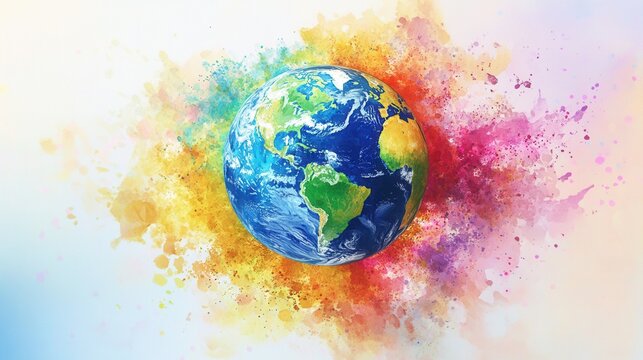 Abstract watercolor Earth globe with vibrant paint splatters