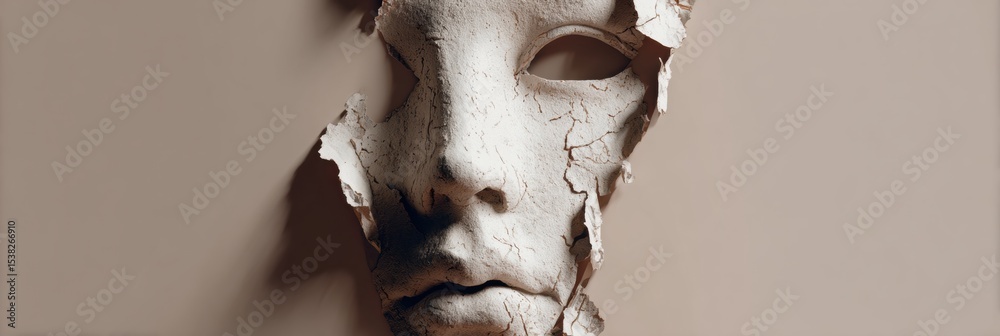 Poster Surreal Mask Dissolving Into a Neutral Void, Merging Reality With Abstract Concepts of Identity and Emotion