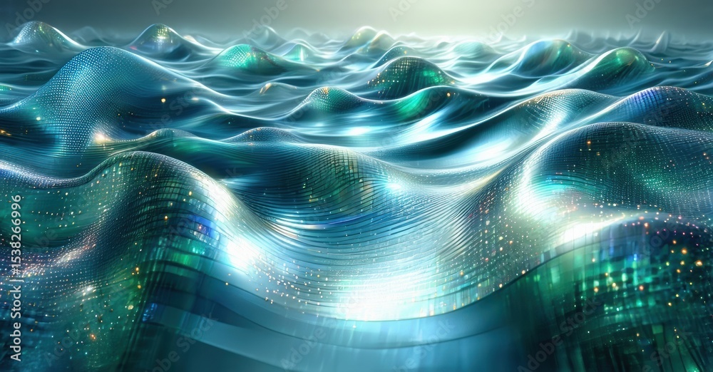 Poster Abstract waves, luminous blue tones, digital rendering. Complex patterns suggest flowing energy, futuristic landscape. Bright highlights create depth.