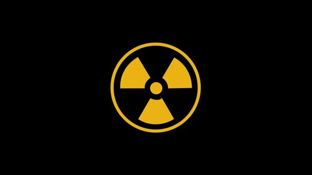 yellow radioactive hazard symbol on black background. Animated nuclear nuke hazardous material missile warning icon symbol. 