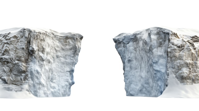 Iceberg, blue ice mountain with white snow and deep crevasses, steep terrain of ice, glacier landscape, blue ice mountain covered in snow, on a transparent backgrounds