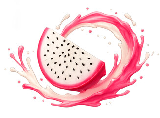Dragon fruit slice with pink and white juice splash curling around it, stylized liquid motion captured mid-air, isolated on transparent background with clean edges and vibrant detail
