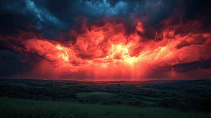 Fiery sunset storm over landscape