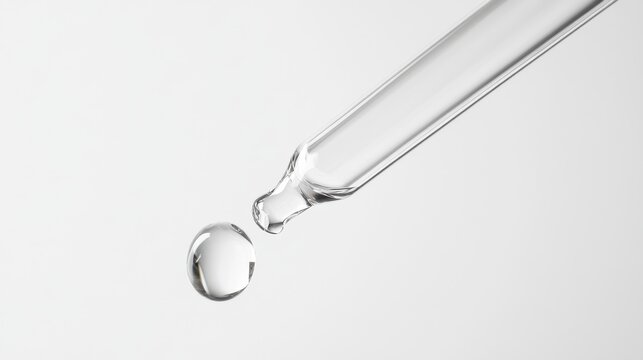 Glass dropper dispensing liquid on plain white background