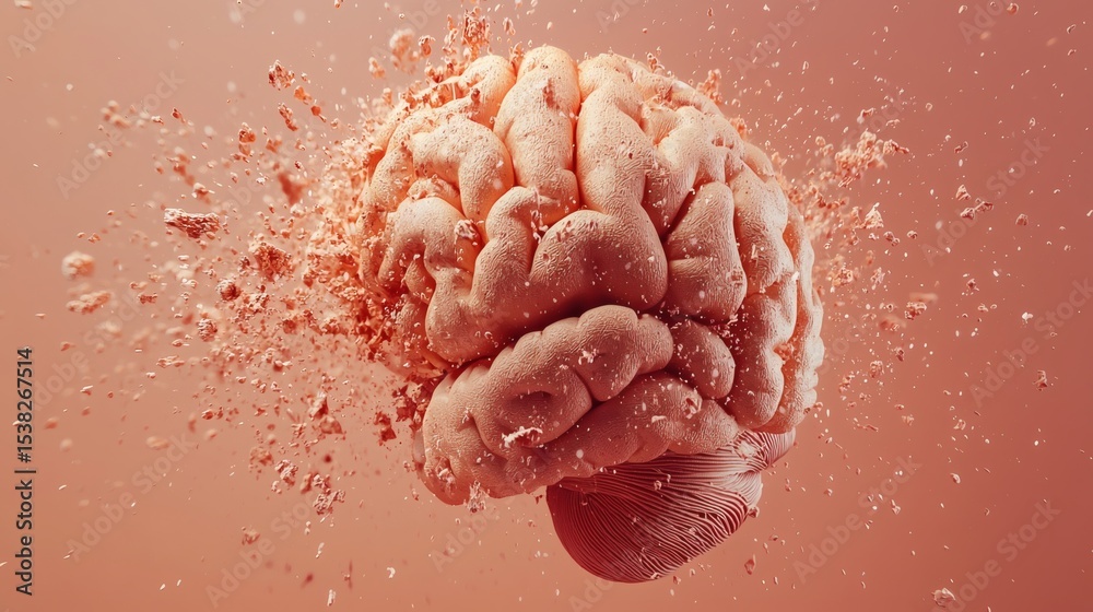 Poster soft color 3d render of brain with clean broken line highlighting stroke location, large empty copy 