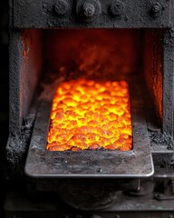 Glowing embers in a metal tray within a furnace