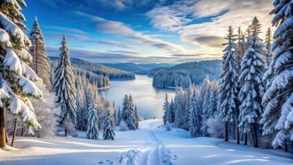 Obraz premium Serene snow-covered forest with towering trees and a gentle ski slope leading down to the frozen lake