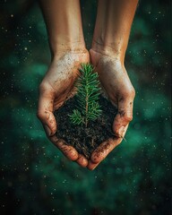 Hands holding a small evergreen seedling in soil