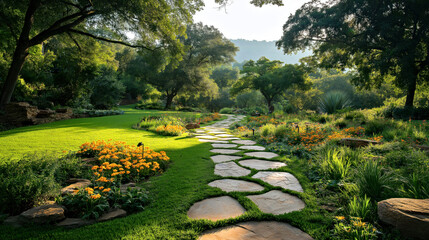 Obraz premium Serene Garden Pathway with Lush Greenery and Colorful Flowers at Sunrise