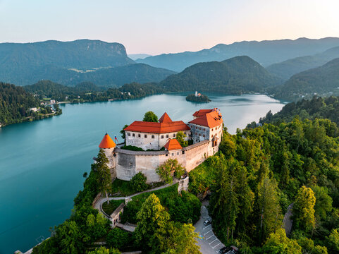 Bled Castle, Lake Bled landscape during sunset hours, Bled, Slovenia