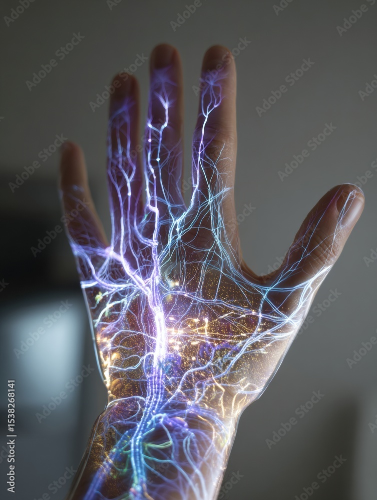 Poster visual representation of touch-sensitive hand showing sensory nerves with glowing pathways illustrat