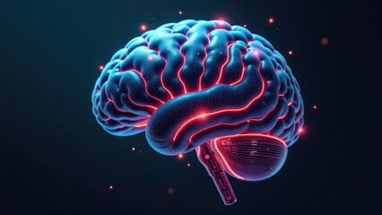 Human brain showing activity with glowing red lines and dots on a dark background