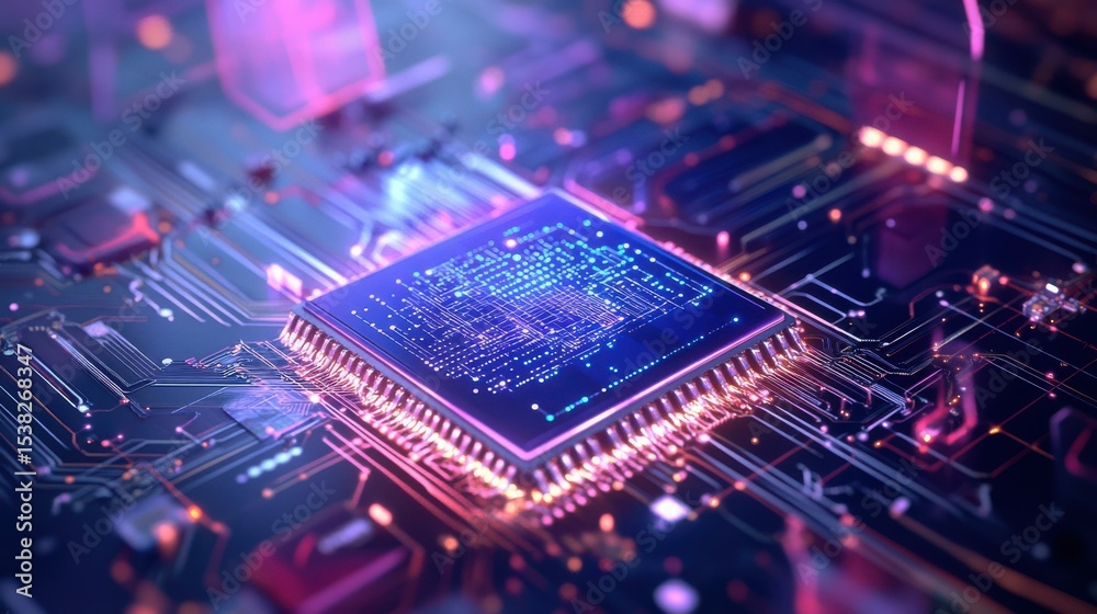 Aufkleber close-up of glowing computer chip with intricate circuitry