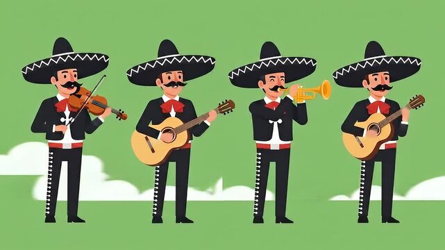 Mariachi cartoon group of four musicians performing in unison wearing traditional attire