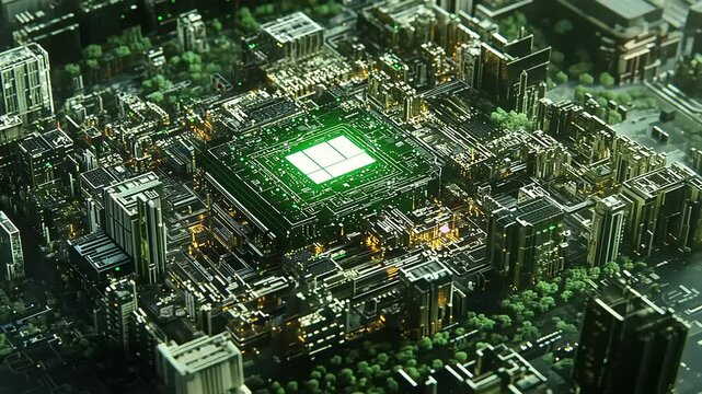Futuristic cityscape with green tech hub surrounded by urban buildings and lush greenery