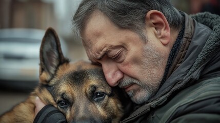 Elderly Man's Tender Embrace of his German Shepherd Dog